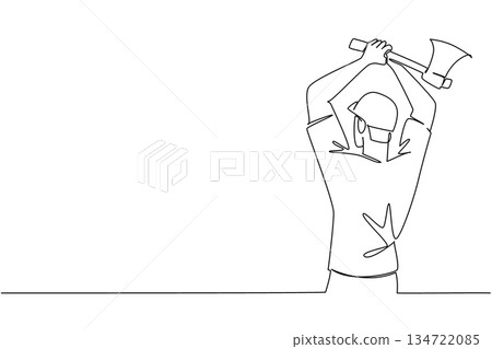 Continuous line drawing of a man extending both arms ready to release an axe, sports concept for international event, International Axe Throwing Day. Aiming an axe at a round wooden target. 134722085