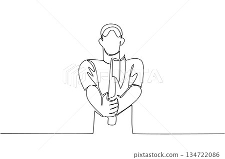 Continuous line drawing of a man holding an axe upright in a centered stance, sports concept for international event, International Axe Throwing Day. Poster of lumberjack team or competition event Continuous line drawing of a man holding an axe upright in a centered stance, sports concept for international event, International Axe Throwing Day. Poster of lumberjack team or competition event 134722086
