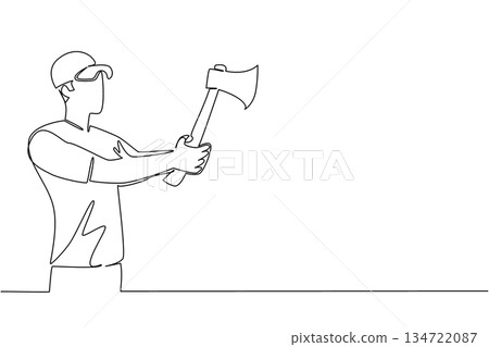 Single line drawing of a man with cap raising an axe overhead with both hands, sports concept for international event, for International Axe Throwing Day celebrating leagues, training, competition 134722087
