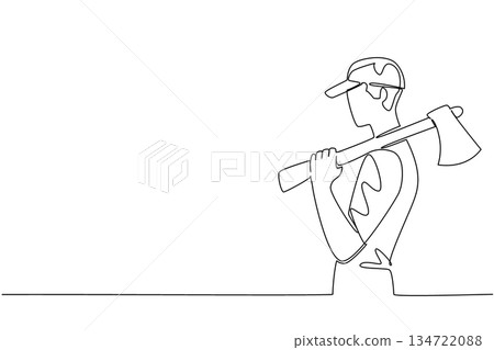One line drawing of a man carrying an axe on his shoulder, sports concept for international event, International Axe Throwing Day promoting leagues, training, safety, and community participation. 134722088