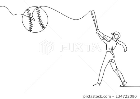 Continuous line drawing of a woman batter completing power swing at a soaring softball, sports concept for athletic celebration, for World Softball Day honoring teams, tournaments, and community fans Continuous line drawing of a woman batter completing power swing at a soaring softball, sports concept for athletic celebration, for World Softball Day honoring teams, tournaments, and community fans 134722090