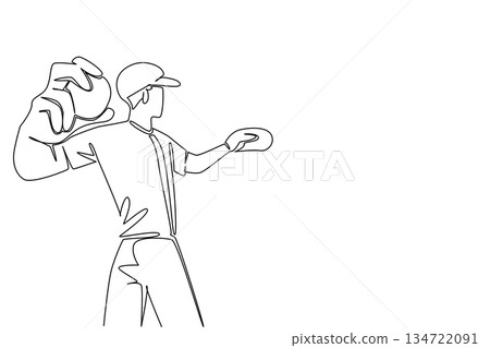 Single line draw of a man batter launching a power swing at a softball, sports concept for team spirit. Long swing at a rising ball. World Softball Day leagues, tournaments, coaches, and global fans. Single line draw of a man batter launching a power swing at a softball, sports concept for team spirit. Long swing at a rising ball. World Softball Day leagues, tournaments, coaches, and global fans. 134722091