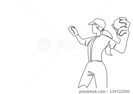One line drawing of a woman pitcher winding up with ball and glove, sports concept for athletic performance, themed for World Softball Day celebrating global participation, coaching, leagues, and fans 134722092
