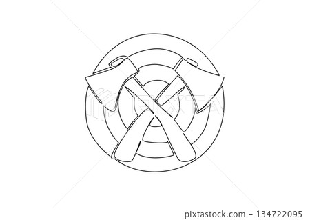Continuous line draw of crossed axes layered on a round wooden target emblem with ring, sports concept for international event, International Axe Throwing Day. Symbol of lumberjack team or competition Continuous line draw of crossed axes layered on a round wooden target emblem with ring, sports concept for international event, International Axe Throwing Day. Symbol of lumberjack team or competition 134722095