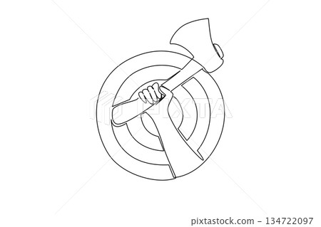 One line drawing of a human hand holding an axe across a bullseye target, sports concept for competitive recreation, International Axe Throwing Day. Symbol of lumberjack club or tournament. 134722097