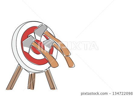 One line draw three wooden handled metal silver axes embedded in red and white bullseye wood standing target, signifying hit accuracy and celebration for International Axe Throwing Day. Sport concept 134722098