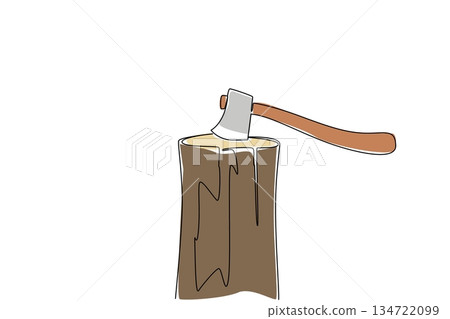 Single line drawing of an axe firmly struck into a tree stump. Show successful throw and the rugged essence of axe throwing. Gray ax embedded in a vertical wood log, International Axe Throwing Day. 134722099