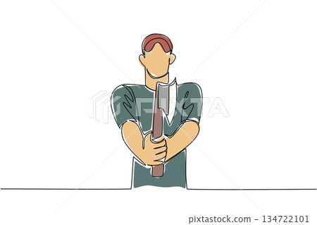 Continuous line drawing of man with red cap holds an axe vertically in both hands, standing confidently, symbolizing strength, technique, and readiness for International Axe Throwing Day challenges. 134722101