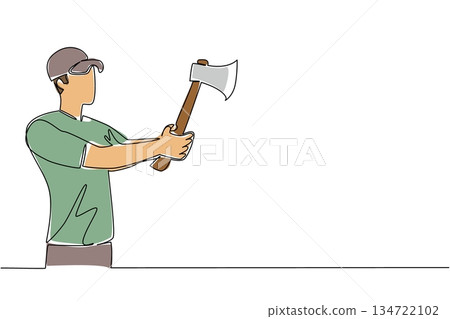 Single line drawing of a man holding an axe with both hands in front of him, extends arms forward, symbolizing a focused stance and preparation for an axe throw. International Axe Throwing Day event Single line drawing of a man holding an axe with both hands in front of him, extends arms forward, symbolizing a focused stance and preparation for an axe throw. International Axe Throwing Day event 134722102