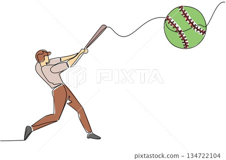 Continuous line drawing of male softball batter in helmet powerful stance, swinging bat and hitting softball that is mid flight, emphasizing the impact and energy of the hit. World Softball Day event Continuous line drawing of male softball batter in helmet powerful stance, swinging bat and hitting softball that is mid flight, emphasizing the impact and energy of the hit. World Softball Day event 134722104