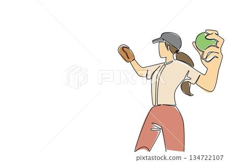 One line drawing of a female softball player in a cap and glove, mid throw with softball, illustrating the controlled power and skill in fielding. Active sportsmanship for World Softball Day event One line drawing of a female softball player in a cap and glove, mid throw with softball, illustrating the controlled power and skill in fielding. Active sportsmanship for World Softball Day event 134722107