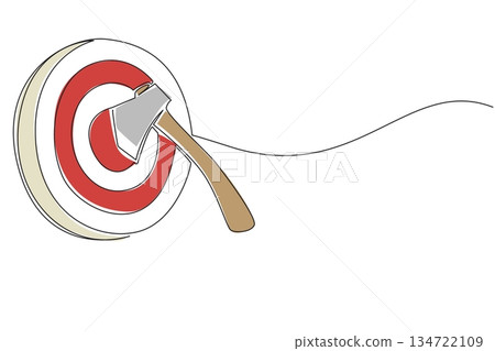 One line drawing of an axe embedded in red target bullseye precisely, with flowing line representing its trajectory, symbolizing perfect aim and successful hit. International Axe Throwing Day event One line drawing of an axe embedded in red target bullseye precisely, with flowing line representing its trajectory, symbolizing perfect aim and successful hit. International Axe Throwing Day event 134722109