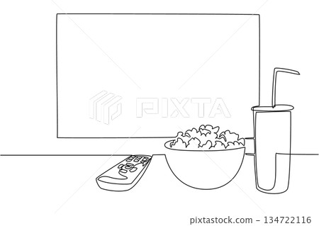 Continuous line drawing close up of a bowl of popcorn, a remote control, and a drink cup, symbolizing a home movie setup with big TV screen on wall. Home cinema essentials and simple viewing rituals. Continuous line drawing close up of a bowl of popcorn, a remote control, and a drink cup, symbolizing a home movie setup with big TV screen on wall. Home cinema essentials and simple viewing rituals. 134722116