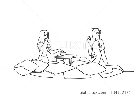 Celebrate National Movie Night with an industry concept in single line drawing, portraying a man and woman relaxing on floor with snacks and cushions, evoking date vibes for the international event. Celebrate National Movie Night with an industry concept in single line drawing, portraying a man and woman relaxing on floor with snacks and cushions, evoking date vibes for the international event. 134722125