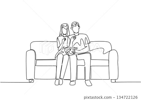 Continuous line drawing of a couple sitting close together on a sofa from front view, facing a TV, sharing a bowl of popcorn and watching a movie. Commemorate National Movie Night 134722126
