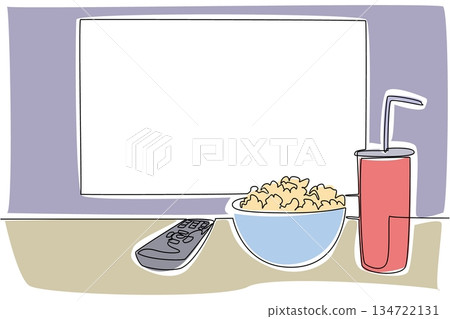 Single line drawing of a television screen, a bowl of popcorn, a soda, and a remote control, symbolizing the essential elements for a cozy movie night at home. National Movie Night event 134722131