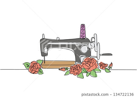 One line drawing of sewing machine adorned with rose flowers and leaves, symbolizing the beauty, artistry, and passion associated with the craft of sewing. Hobby concept of National Sewing Machine Day One line drawing of sewing machine adorned with rose flowers and leaves, symbolizing the beauty, artistry, and passion associated with the craft of sewing. Hobby concept of National Sewing Machine Day 134722136
