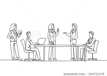 Description Continuous line drawing of people in a business meeting, a business concept related to an international event International Community Association Managers Day. 134722145