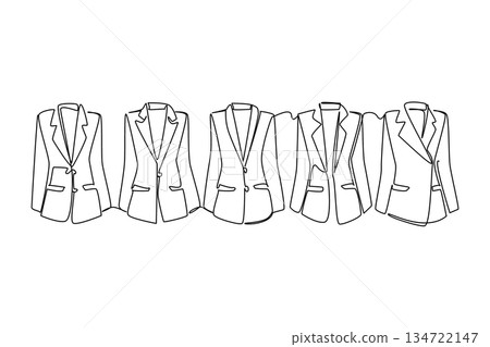 Single line drawing of row five women blazers or business jackets, representing professional attire and corporate fashion for women. 134722147