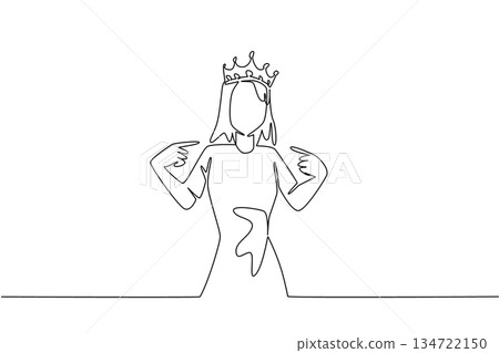 Single line draw of a self confidence woman wearing a crown and pointing fingers at herself, representing self-affirmation, pride, and identity. Health concept of International Albinism Awareness Day Single line draw of a self confidence woman wearing a crown and pointing fingers at herself, representing self-affirmation, pride, and identity. Health concept of International Albinism Awareness Day 134722150