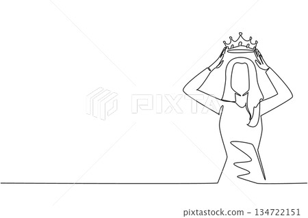 Single line draw of a woman place adjusting her crown, a health concept. Celebrates identity, pride, and equal rights within a supportive global community. International Albinism Awareness Day event. Single line draw of a woman place adjusting her crown, a health concept. Celebrates identity, pride, and equal rights within a supportive global community. International Albinism Awareness Day event. 134722151
