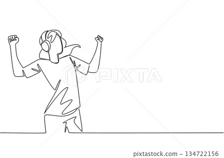 Single line draw of a woman wearing headphone, raising her fist in a celebratory or energetic pose. Expressing confidence, freedom, and positive representation of  International Albinism Awareness Day 134722156