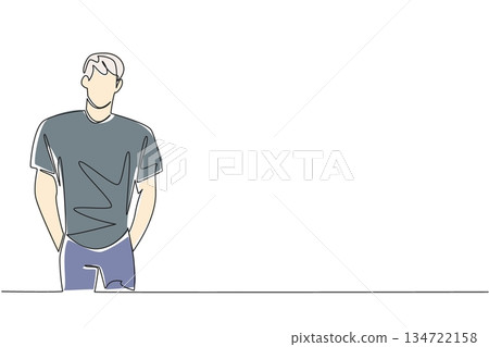 Continuous line drawing vector of a young man standing confidently and casually with hands in pocket for International Albinism Awareness Day. Shows individual strength and acceptance concept. 134722158