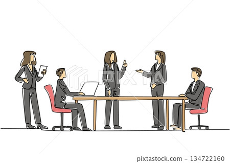 Continuous line drawing vector of men and women in a board meeting for International Community Association Managers Day business concept. Design shows teamwork, leadership and management discussion. Continuous line drawing vector of men and women in a board meeting for International Community Association Managers Day business concept. Design shows teamwork, leadership and management discussion. 134722160