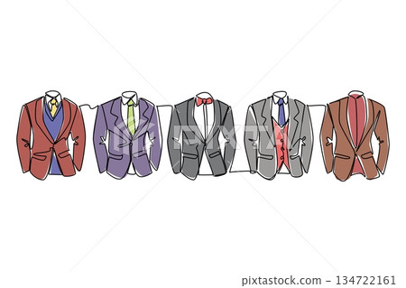 Single line drawing vector of men suits representing International Community Association Managers Day business concept. This minimalist design shows professional corporate fashion and leadership. Single line drawing vector of men suits representing International Community Association Managers Day business concept. This minimalist design shows professional corporate fashion and leadership. 134722161