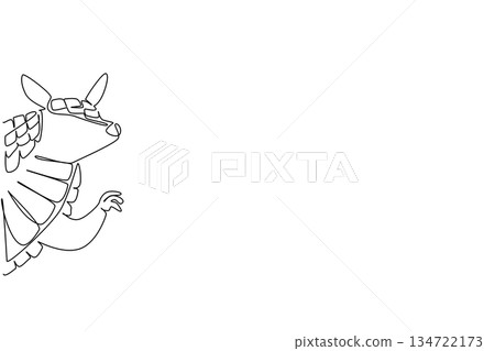 Single line drawing of an animal, an armadillo waving leg, a nature concept related to an international event Say Hi Day celebration. Single line drawing of an animal, an armadillo waving leg, a nature concept related to an international event Say Hi Day celebration. 134722173