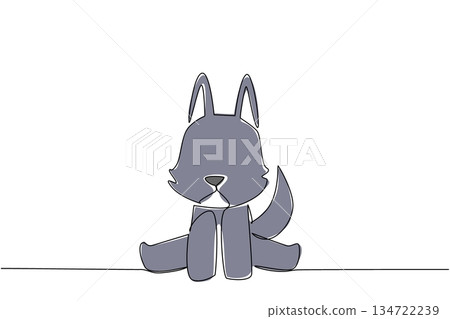 One line drawing animal concept for a baby wolf with upright ears and bushy tail sitting. Suitable for wildlife, forest, or children decor. Shows the playful innocence and natural beauty of wolf pups. 134722239