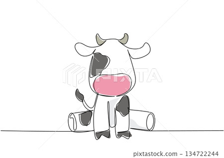 One line drawing animal concept of cute baby cow sitting with black and white spots and small horn. Perfect for farm, country, children book, or nursery animal themes of gentleness and rural life 134722244