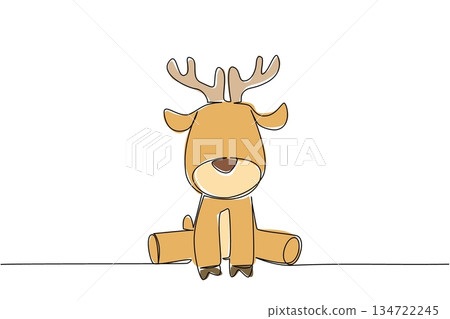 Continuous line drawing nature concept of baby deer with soft brown fur and tiny antler sitting quietly. Ideal for forest, wildlife, or children book animal theme emphasizing tranquility and innocence 134722245