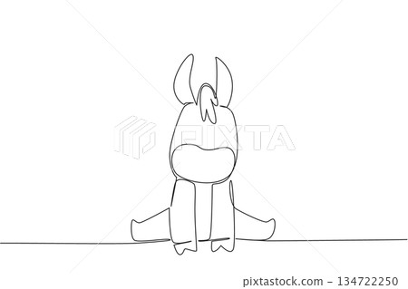 Single line drawing of a cute baby donkey sitting with long ears and tufted mane, a farm concept for cute wild animals cartoon sitting, ideal for nursery posters, stickers, and playful kids branding Single line drawing of a cute baby donkey sitting with long ears and tufted mane, a farm concept for cute wild animals cartoon sitting, ideal for nursery posters, stickers, and playful kids branding 134722250