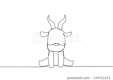 Single line drawing of a cute baby antelope sitting with slender horns and small beard, a wildlife concept for cute wild animals cartoon sitting, ideal for nursery posters, stickers, and kids branding 134722251