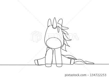 Single line drawing of a cute baby unicorn sitting with small horn and flowing mane, a fantasy concept themed for cute wild animals cartoon sitting, ideal for nursery posters, stickers, and kids brand 134722253