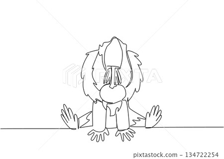 Single line draw of cute baby mandrill sitting with fluffy mane and gentle hands, a wildlife concept for cute wild animals cartoon sitting, ideal for nursery posters, stickers, and playful kids brand 134722254