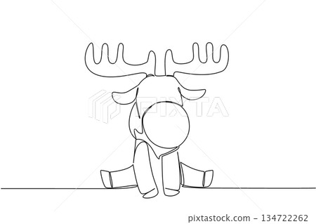 Single line drawing of cute baby moose sitting with wide antlers and round snout, a nature concept for cute wild animals cartoon sitting, perfect for nursery posters, stickers, and playful kids brand Single line drawing of cute baby moose sitting with wide antlers and round snout, a nature concept for cute wild animals cartoon sitting, perfect for nursery posters, stickers, and playful kids brand 134722262