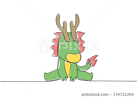 Continuous line drawing, fantasy animal of sitting baby dragon with antlers and yellow snout. Ideal for mythical, magical, children stories, or playful art. Emphasizes friendly and imaginative design. 134722264