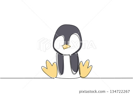 Single line draw animal nature concept. Baby penguin with large yellow feet and beak sitting, for cold climate education, winter event, ecology programs, or international Arctic wildlife preservation. 134722267