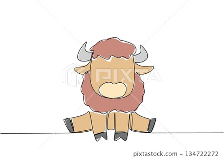 Single line drawing animal nature concept. Seated bison baby with a shaggy mane and big horns focuses on strength and heritage. For grassland protection, ranch education, and biodiversity awareness. 134722272