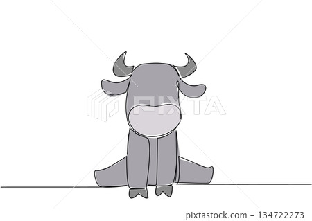 Single line drawing of an animal, a cute baby water buffalo sitting down, with curved horns and a serene expression, symbolizing strength, tranquility, and the charm of farm or wild bovines. Single line drawing of an animal, a cute baby water buffalo sitting down, with curved horns and a serene expression, symbolizing strength, tranquility, and the charm of farm or wild bovines. 134722273