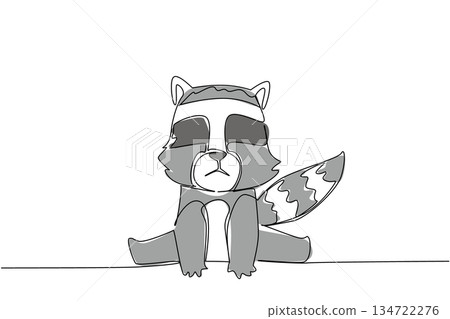 One line drawing of chubby cute gray baby raccoon sits with striped tail and black bandit mask, highlighting woodland curiosity, gentle playfulness and charm, ideal for forest protection or wildlife. One line drawing of chubby cute gray baby raccoon sits with striped tail and black bandit mask, highlighting woodland curiosity, gentle playfulness and charm, ideal for forest protection or wildlife. 134722276