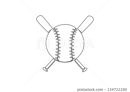 Continuous line drawing of a softball with crossed bats emblem, sports concept for league branding, for World Softball Day celebrating tournaments, clubs, fans, and community participation worldwide 134722280