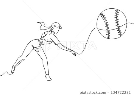 Continuous line drawing of a woman pitcher lunging to throw release a softball, sports concept for athletic competition, for World Softball Day honoring leagues, tournaments, coaches, and global fans Continuous line drawing of a woman pitcher lunging to throw release a softball, sports concept for athletic competition, for World Softball Day honoring leagues, tournaments, coaches, and global fans 134722281