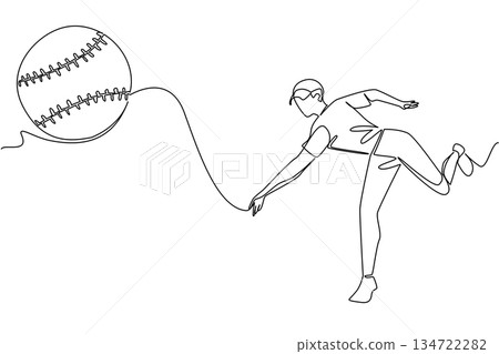 One line drawing of a man pitcher striding to throw deliver a softball, sports concept for athletic performance, for World Softball Day highlighting teams, tournaments, coaches, and global participate 134722282
