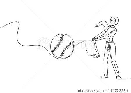 Single line drawing of a woman batter swinging at a softball, sports concept for team celebration, themed for World Softball Day honoring athletes, coaching, community leagues, and fair play worldwide Single line drawing of a woman batter swinging at a softball, sports concept for team celebration, themed for World Softball Day honoring athletes, coaching, community leagues, and fair play worldwide 134722284