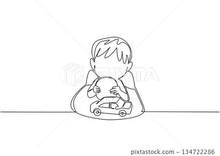Single line drawing of a boy holding a button battery by a toy car, health concept for child safety, National Button Battery Awareness Day, urging screw locked compartments and active supervision. 134722286