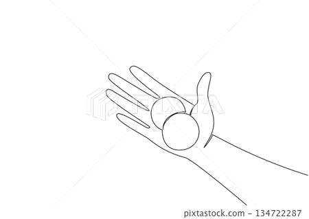 Continuous line drawing of a human palm hand holding two coin cell batteries, health concept for household safety for National Button Battery Awareness Day to warn families about ingestion hazards. Continuous line drawing of a human palm hand holding two coin cell batteries, health concept for household safety for National Button Battery Awareness Day to warn families about ingestion hazards. 134722287