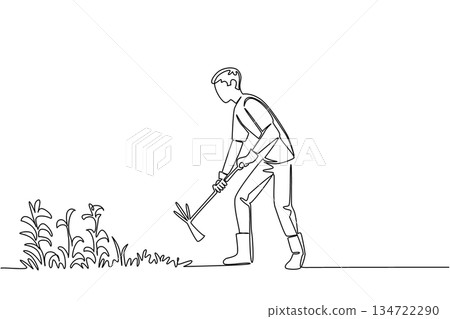 One line drawing of a man hoeing weeds from a garden bed, nature concept for lawn and landscape care, themed for National Weed Your Garden Day highlighting routine outdoor maintenance and tidy yards. 134722290